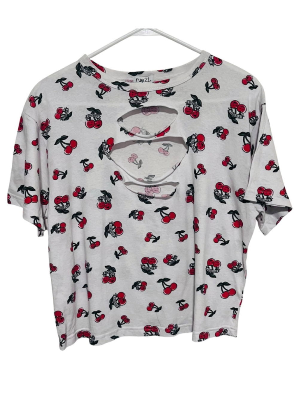 Rue 21 Y2K Cherry Tee Large Red White Distressed Crop Top Cut Out Cherries
